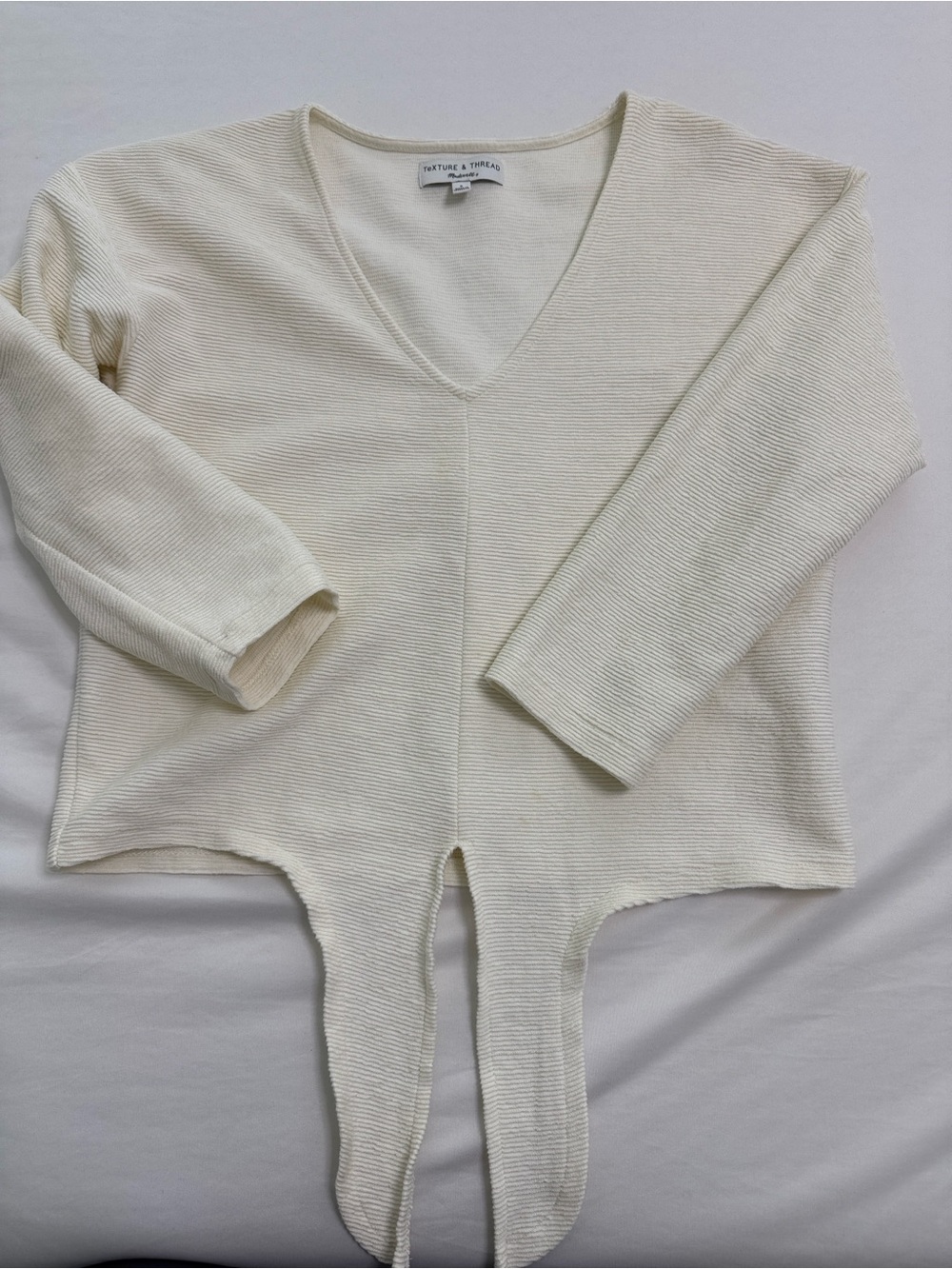 Madewell Cream V‑Neck Long Sleeve Ribbed Top